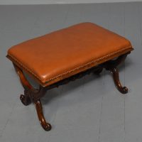 Large early Victorian walnut X framed stool, newly upholstered in a quality tan hide with brass studding