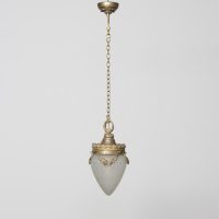 Unusual acorn-shaped style French, hand-cut frosted glass and brass-mounted ceiling lamp