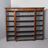 Quality mid-Victorian figured mahogany 3-section open breakfront bookcase.
