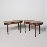 Pair of William 4th mahogany framed, break-front, marble-topped hall or side tables