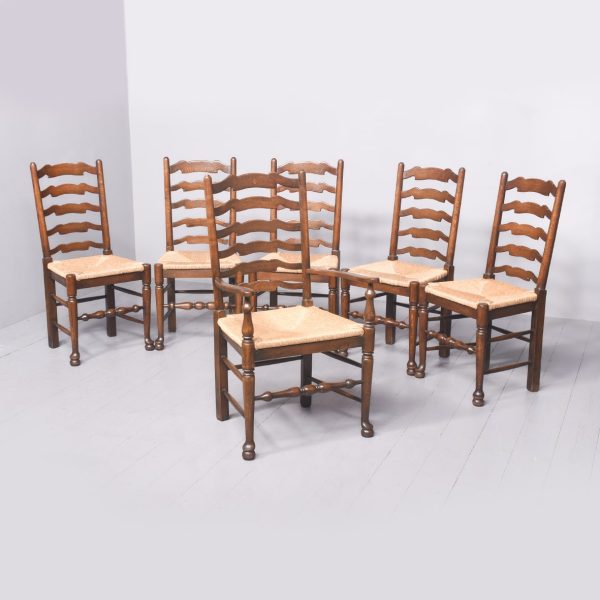 Set of 6 (5 Singles, 1 Carver) Ladderback Rush-Seated Dining Chairs