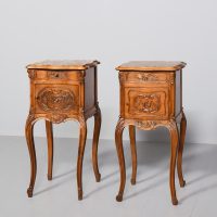 Pair of late Victorian, Louis XIV style marble top freestanding bedside cabinets.