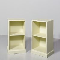 Unusual pair of Cotswold-style, open teak bedside cabinets