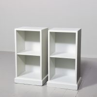 Pair of solid teak Cotswold-style open bedside lockers, now hand-painted in a Swedish grey