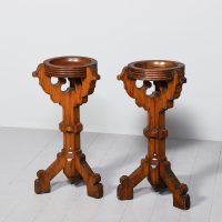 Rare pair of Victorian Gothic pitch pine jardinière stands
