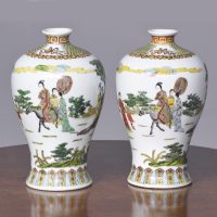 Pair of Hand-Painted, Qing Dynasty Famille Rose and Famille Verte Chinese Baluster Vases