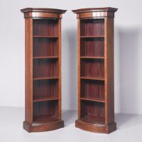 Pair of Inlaid Edwardian, Sheraton -Style Mahogany Bow-Front Open Bookcases
