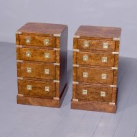 Pair of Victorian blonde burr walnut brass-bound military-style bedside lockers.
