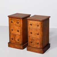 Pair of mid-Victorian figured walnut, 3-drawer bedside lockers