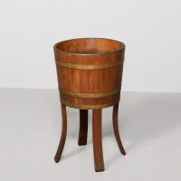 Large staved-oak brass-bound jardinière on stand