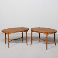 Pair of superb quality late Victorian marquetry inlaid satinwood coffee tables