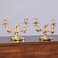 Pair of Exquisite French Ormolu (Gold Covered Bronze) Two Branch Candlesticks of Rococo Style