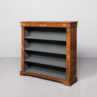 Victorian-style inlaid burr walnut open bookcase with three shelves
