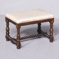 Jacobean-Style Upholstered, Oak Turned-Leg Stool