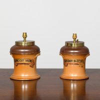 Rare pair of late Victorian tobacco jars with labels for London Brown Snuff and Longcut Mix, now converted to lamps
