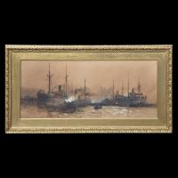 Large Water Colour Painting by Charles Edward Dickson of Shipping In A River
