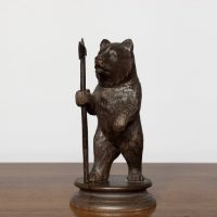 Black forest carved wood bear with folding top – a snuff mull or a match holder.