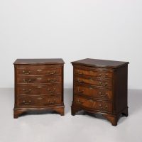Pair of George 3rd style crossbanded flame mahogany serpentine fronted chests of drawers.