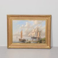 Large well-painted, gilt-framed oil painting of a coastal scene
