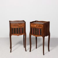 Pair of inlaid kingwood side tables, lampstands or bedside lockers with faux library book door fronts.