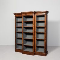 Mid-Victorian, Burr walnut three-section breakfront, open bookcase with 5 adjustable shelves