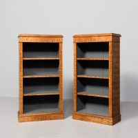Pair of neat-sized, figured elm Victorian open bookcases with adjustable shelves.