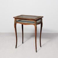 Victorian marquetry inlaid rosewood, brass-mounted bijouterie table