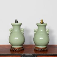 Pair of Japanese Twin-Handled Celadon Glazed Porcelain Lamps