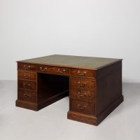 George III style inlaid mahogany partner’s desk with brass loop handles