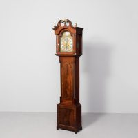 Silvered brass dial Georgian grandfather clock with brass weights