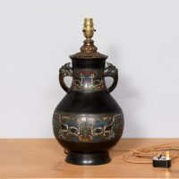 Antique Japanese Bronze and Champlevé (Enamel Inlaid) Vase Converted to a Lamp