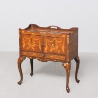 Small, Dutch marquetry inlaid mahogany free-standing cabinet/tray-top table
