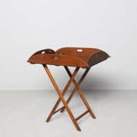 Antique, fiddleback mahogany brass-mounted military-style, folding-side, butler’s tray and stand