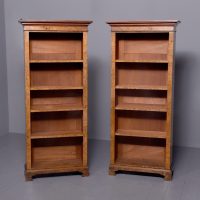 Pair of Victorian burr walnut tall open bookcases with adjustable shelves