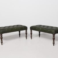 Large, early Victorian mahogany-framed, green buttoned leather bench/stool.