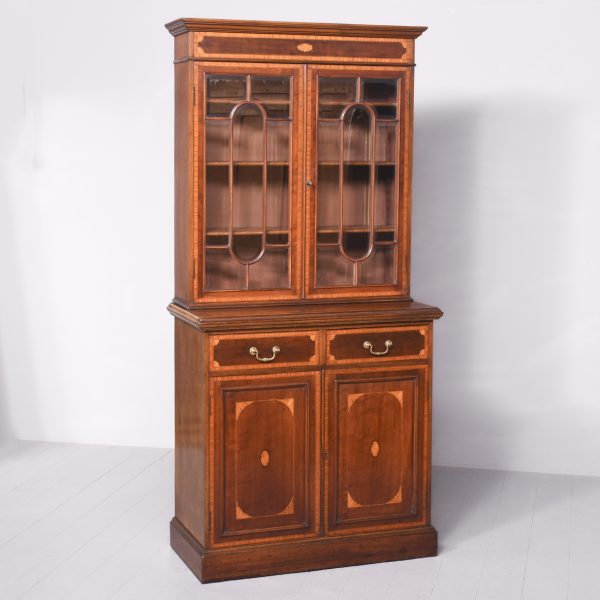 Outstanding Quality Edwardian Sheraton-Style Inlaid Mahogany Cabinet Bookcase, Possibly Maple And Co