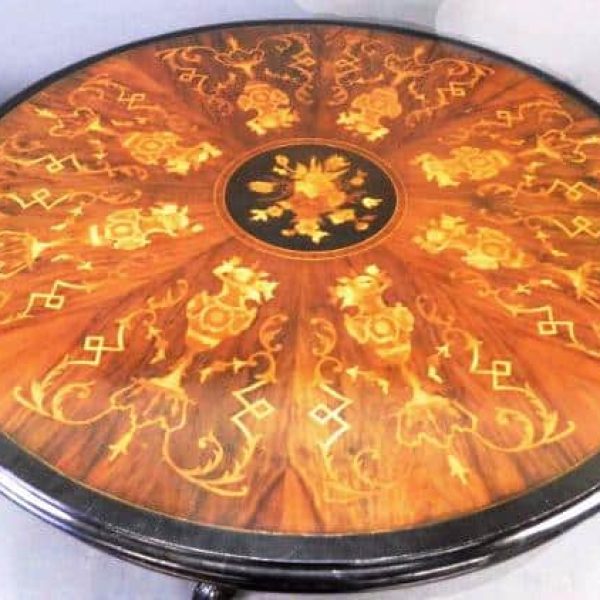 Victorian walnut centre table with eight sectioned marquetry top.