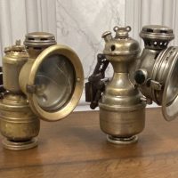 PAIR OF ANTIQUE CARBIDE LAMPS BY POWELL AND HANMET OF BIRMINGHAM