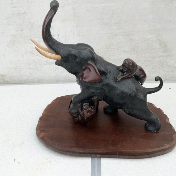 Antique Japanese Meiji Period Bronze Study Of An Elephant Fighting With Two Tigers Circa 1880