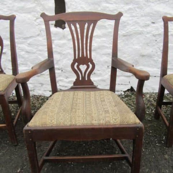 Georgian elm elbow chair with 3 same period side chairs
