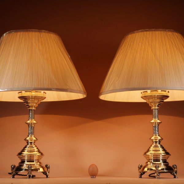 Interesting And Impressive Pair Of Signed Brass Table Lamps, In the Neo Gothic Style. Dutch Circa 1878-1887