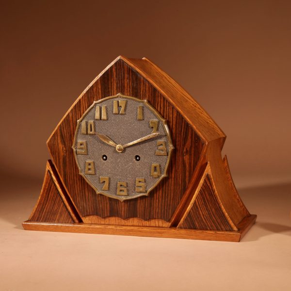 An Exceptional Very Stylish Typical Art Deco Amsterdam School Oak and Macassar Ebony/Coromandel Mantel Clock.