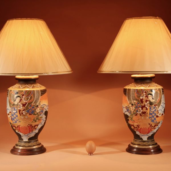 Impressive Large Very Decorative Real Pair (Facing each other) Japanese Satsuma Table Lamps.