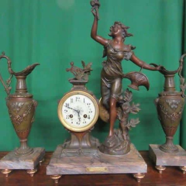 SOLD Early 20th cent French Art Nouveau spelter clock set