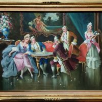 Versailles Paris Interior Genre Oil Portrait Painting Of Courtiers Playing Chess