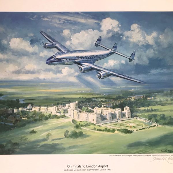 On finals to London Airport. Lockheed constellation over Windsor castle 1949. Art print by Douglas Ettridge 1927-2009. Signed and numbered 111 0f 500.