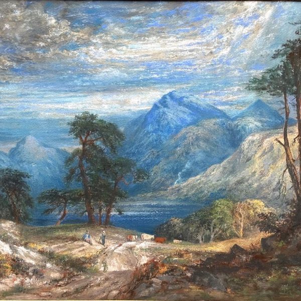 Original oil pastel &#8216;Mountain scene with figure and cattle. Unsigned. Framed and mounted. Unglazed.