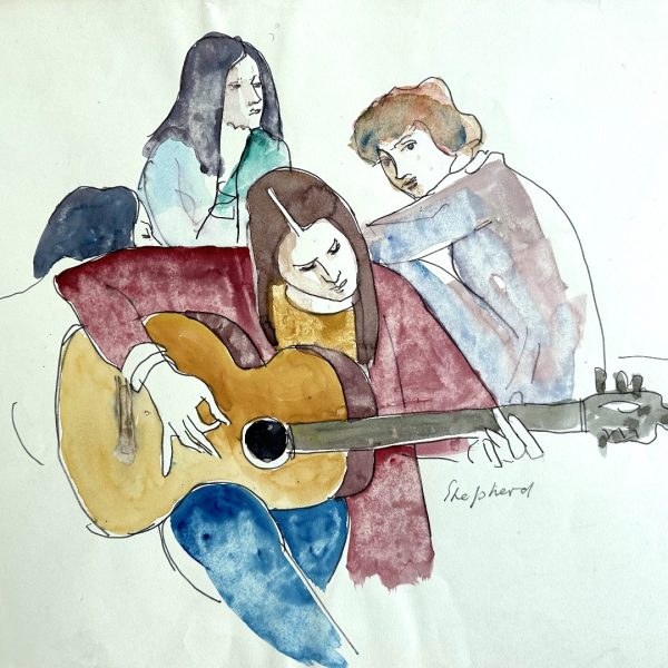 Original watercolour &#8217;60&#8217;s girls&#8217; by Toby Horne Shepherd 1909-1993. Signed. Unframed. Provenance; The artists studio.