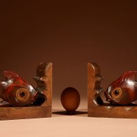 Black Forest Pair Of Amusing Carved Goldfish Bookends Circa 1900-20