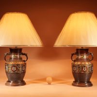 A Pair Of Fine Cast Bronze Decorative Champlevé Japanese Table Lamps.